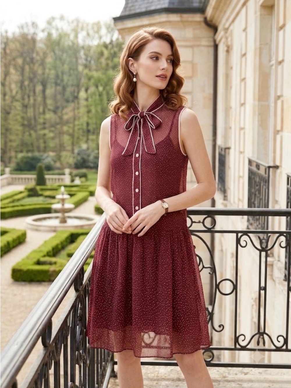 Lux Burgundy Polka-Dot Sheer Chiffon Sleeveless Mini Dress